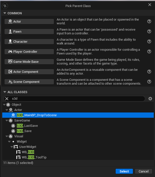 Pick Parent Class：选 S3D_MainBP_DropToScene 作为父类